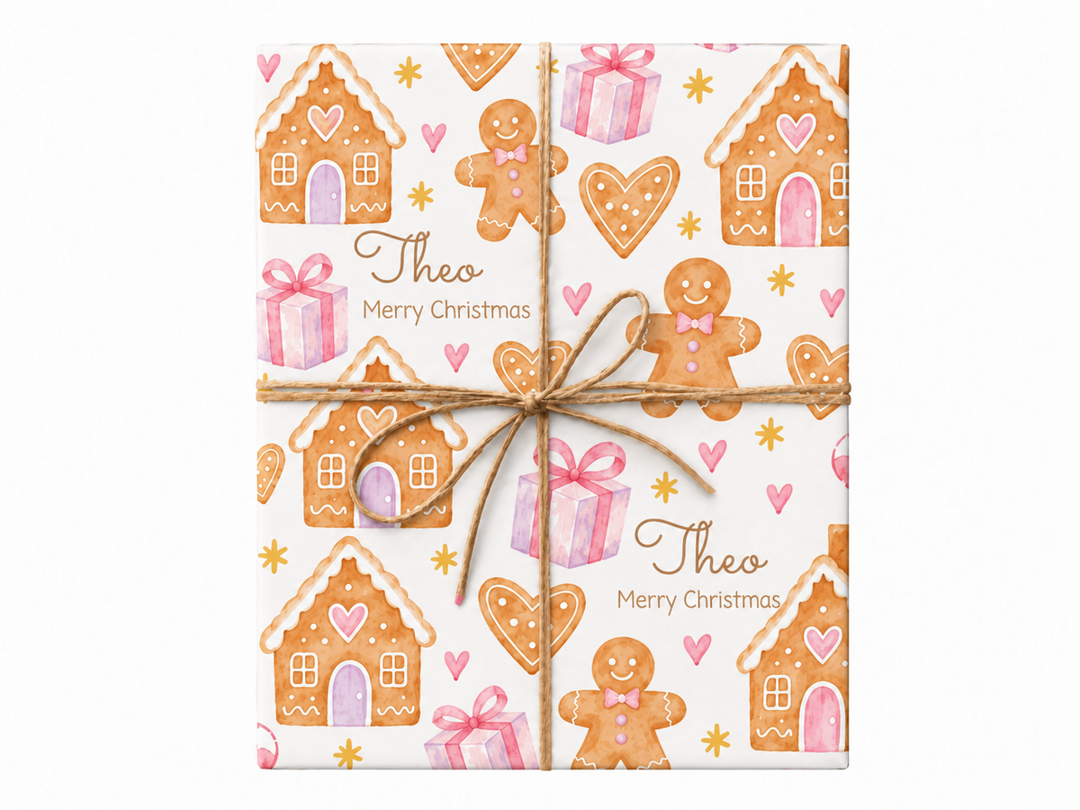 Personalized Gingerbread Wishes Christmas Wrapping Paper with natural twine