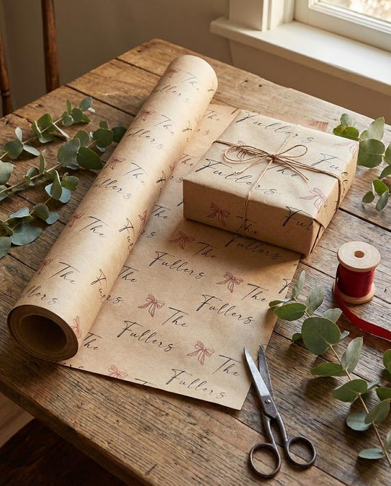 Personalized family name and red bow kraft gift wrap on a wrapping table