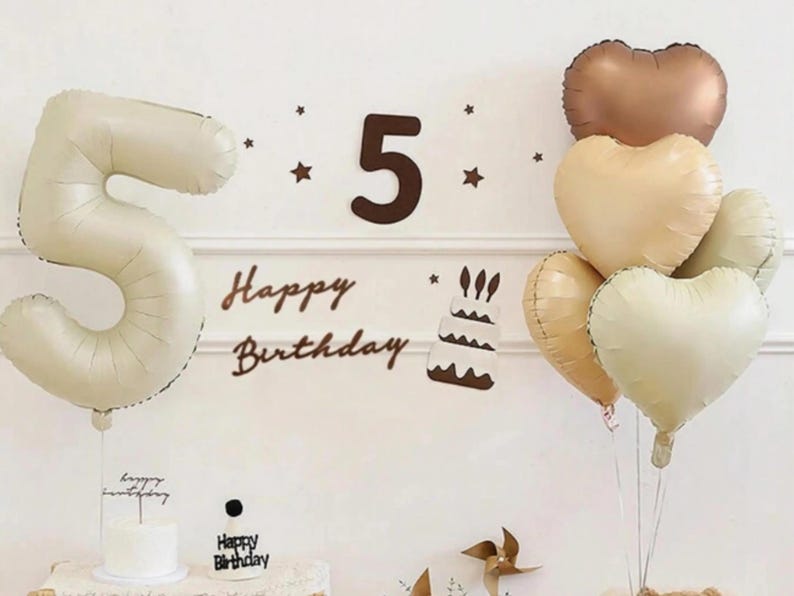 Large 40" Boho 5th Birthday Balloon – Neutral Heart Balloon Décor for Fifth Anniversary