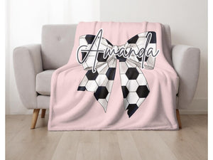 Personalized Soccer Girl Name Blanket – Custom Coquette Bow Plush Throw Gift