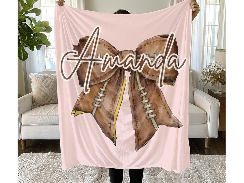 Personalized Flag Football Girl Name Blanket – Coquette Bow Plush Throw for Daughter Gift