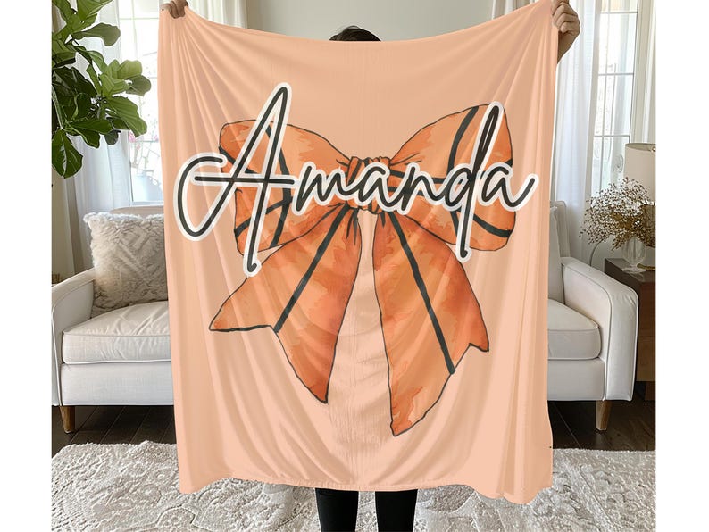 Personalized Basketball Girl Blanket with Name – Coquette Bow Plush Gift for Daughter