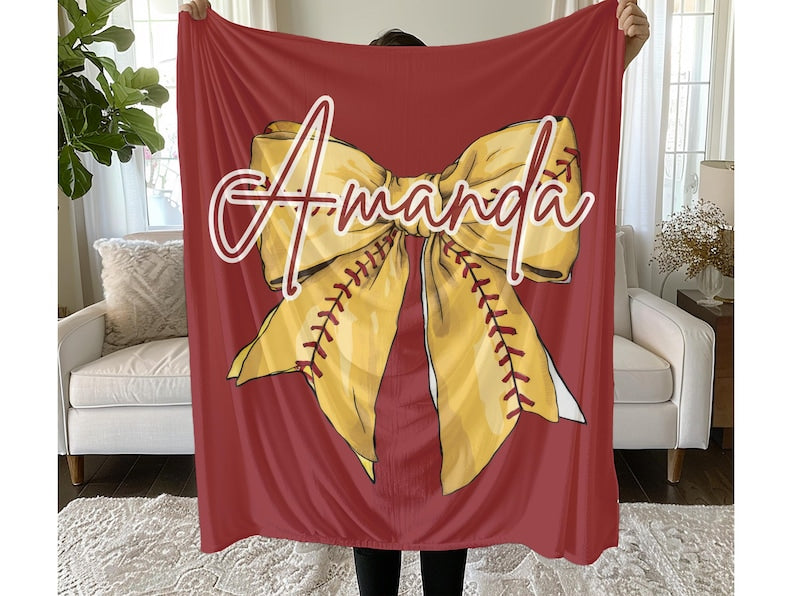 Custom Softball Girl Name Blanket – Personalized Coquette Bow Plush Throw Gift