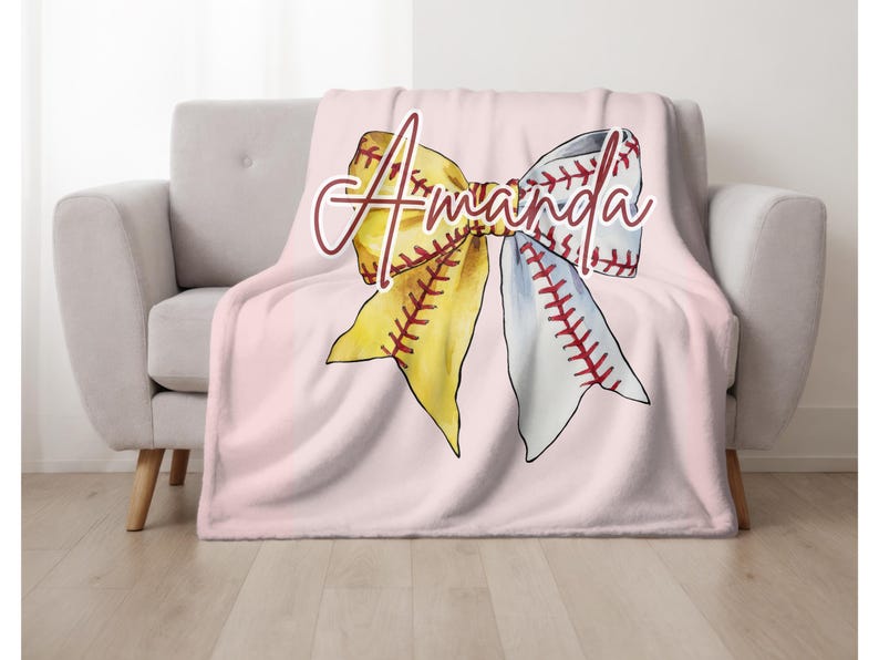 Personalized Baseball Girl Name Blanket – Custom Coquette Bow Plush Throw Gift