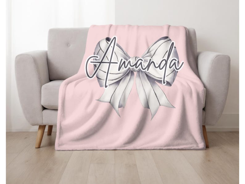 Personalized Volleyball or Softball Girl Blanket – Custom Name Plush Throw with Coquette Bow