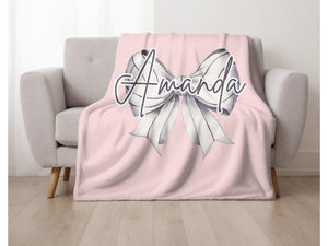 Personalized Volleyball or Softball Girl Blanket – Custom Name Plush Throw with Coquette Bow