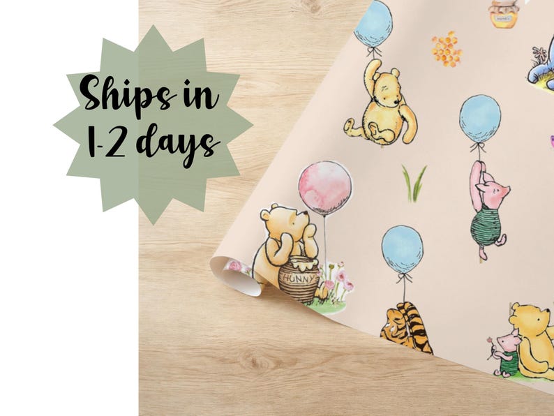 Vintage Pooh Bear Wrapping Paper – Nostalgic Baby Gift Wrap with Glossy Watercolor Print