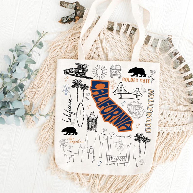 Organic California Landmark Tote – Blue Gold Reusable Bag for Gift or Everyday Use