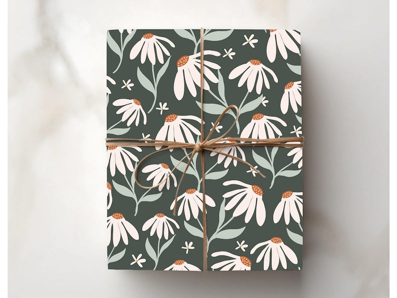 Dandelion Floral Wrapping Paper – Forest Green Gift Wrap for Baby Shower, Wedding