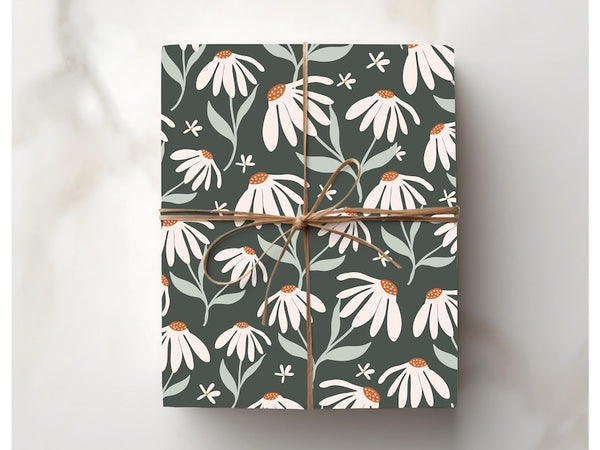 Dandelion Floral Wrapping Paper – Forest Green Gift Wrap for Baby Shower, Wedding