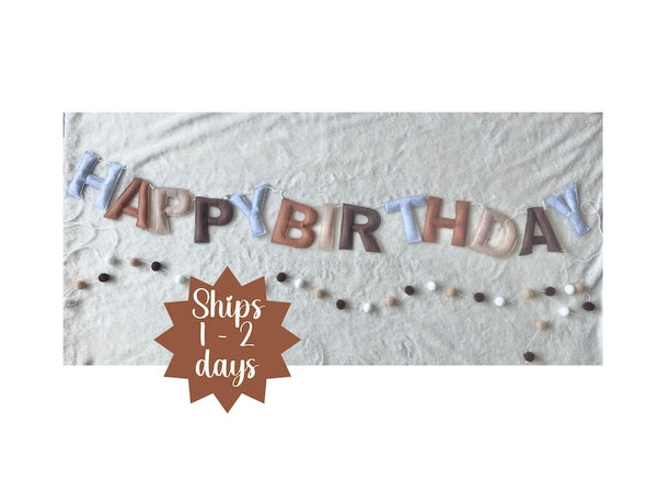 Boho Felt Happy Birthday Garland – 100% Wool, Neutral Pre-Strung Party Banner