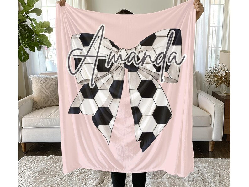 Personalized Soccer Girl Name Blanket – Custom Coquette Bow Plush Throw Gift