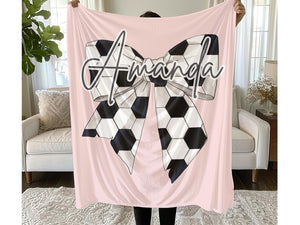 Personalized Soccer Girl Name Blanket – Custom Coquette Bow Plush Throw Gift