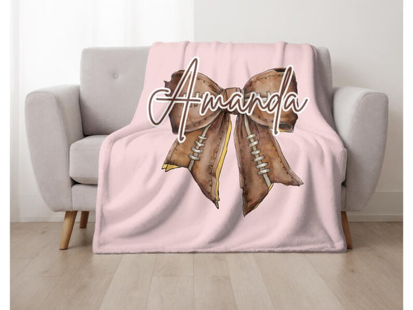 Personalized Flag Football Girl Name Blanket – Coquette Bow Plush Throw for Daughter Gift