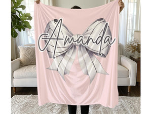 Personalized Volleyball or Softball Girl Blanket – Custom Name Plush Throw with Coquette Bow