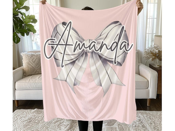 Personalized Volleyball or Softball Girl Blanket – Custom Name Plush Throw with Coquette Bow