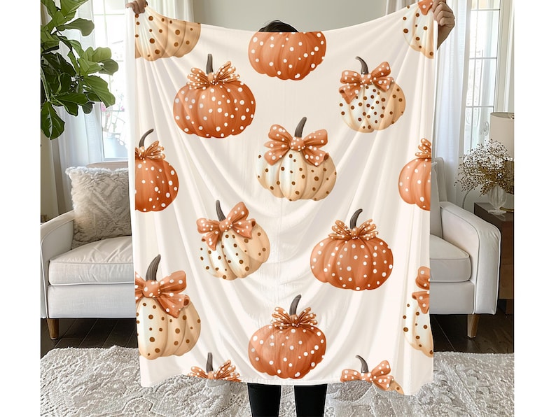 Polka Dot Pumpkin Throw Blanket  Fall Sherpa Couch Decor, Cozy Plush Autumn Blanket