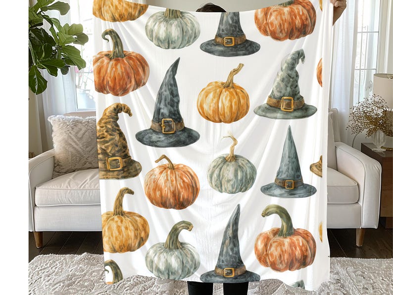 Halloween Watercolor Pumpkin Throw Blanket, Cozy Sherpa Plush Blanket