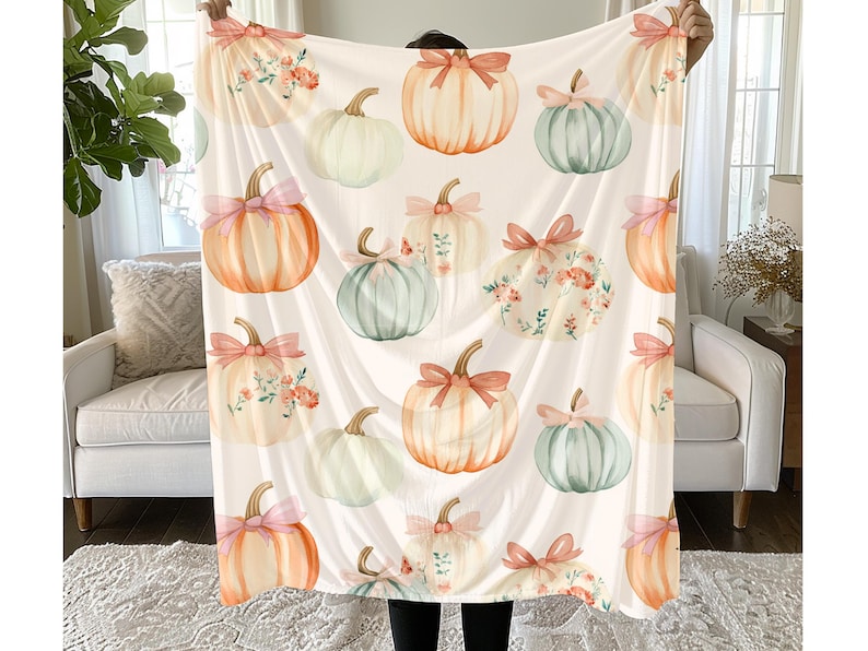 Pumpkin Floral Throw Blanket – Muted Fall Sherpa Plush Blanket