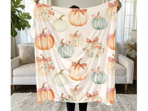 Pumpkin Floral Throw Blanket – Muted Fall Sherpa Plush Blanket