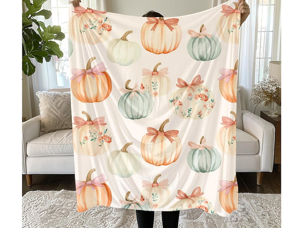 Pumpkin Floral Throw Blanket – Muted Fall Sherpa Plush Blanket