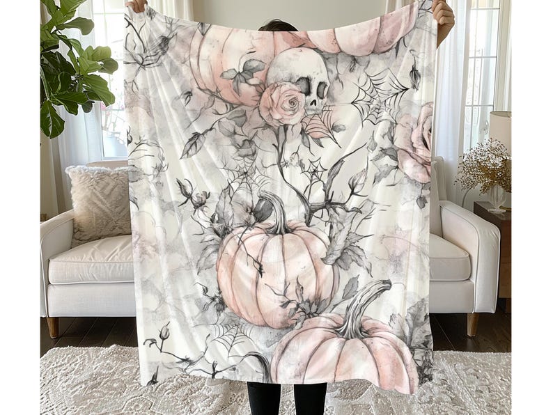 Skeleton Skull Rose Thorn Blanket, Halloween Cottagecore Sherpa Throw, Gothic Fall Decor
