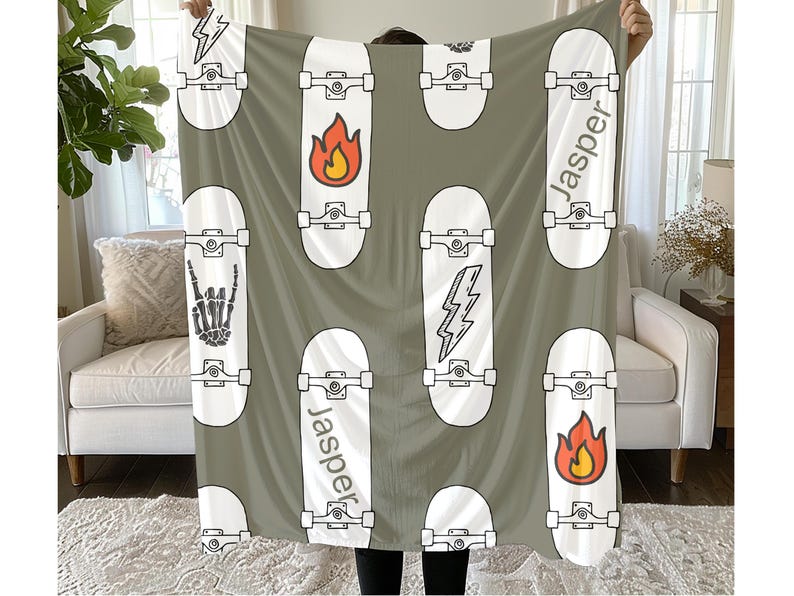Personalized Skateboard Blanket for Boys – Custom Name Retro Skater Throw
