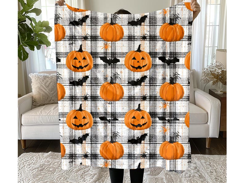 Halloween Gingham Throw Blanket – Pumpkin & Bat Cozy Autumn Sherpa Fleece