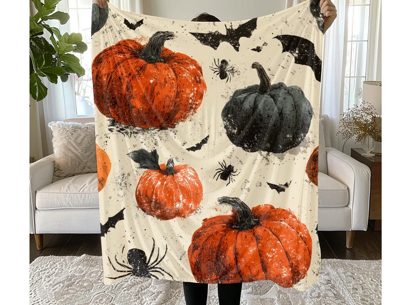 Halloween Cottage Core Pumpkin Bat Throw Blanket – Cozy Fall Sherpa Plush Blanket