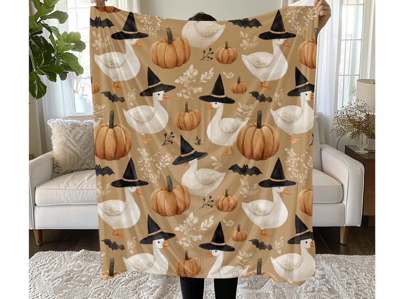 Halloween Goose Pumpkin Throw Blanket – Witch Hat Fall Sherpa Plush Blanket
