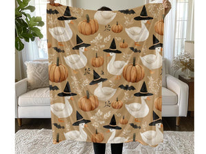 Halloween Goose Pumpkin Throw Blanket – Witch Hat Fall Sherpa Plush Blanket