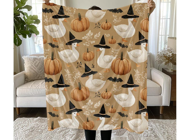 Halloween Goose Pumpkin Throw Blanket – Witch Hat Fall Sherpa Plush Blanket