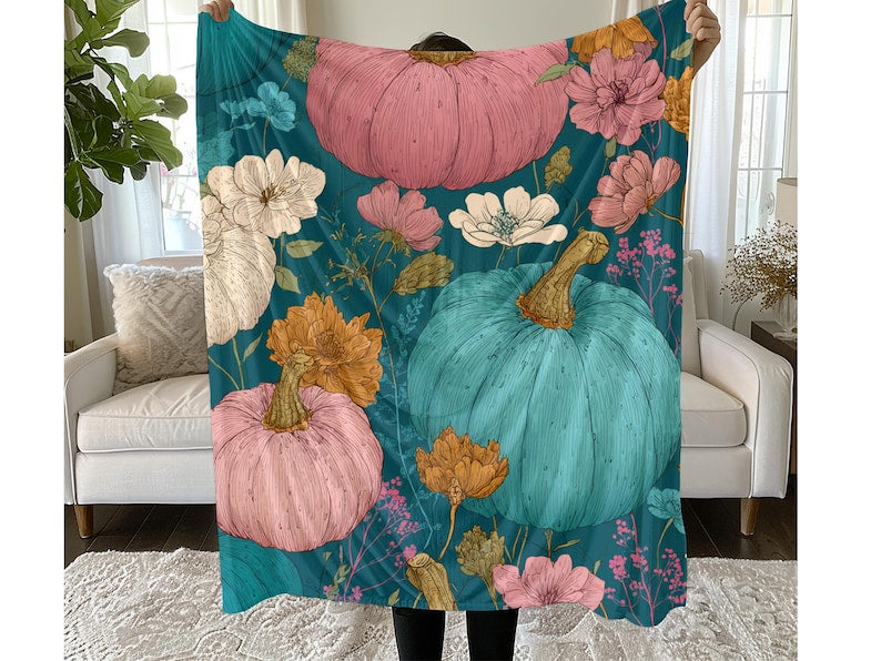 Halloween Line Art Pumpkin Throw Blanket – Floral Fall Sherpa Plush Blanket