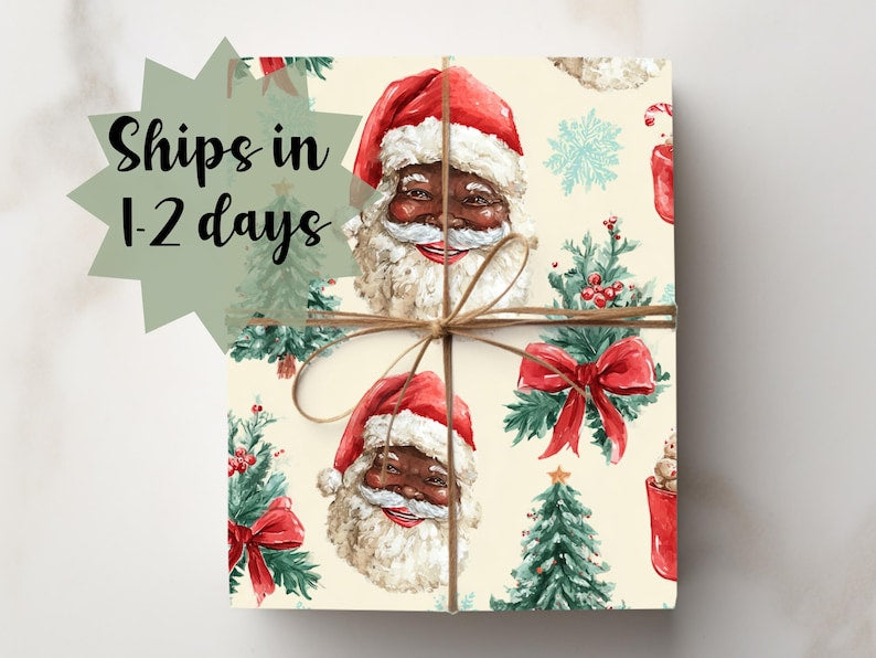 African Santa Wrapping Paper with Christmas Trees & Red Bows