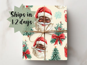 African Santa Wrapping Paper with Christmas Trees & Red Bows