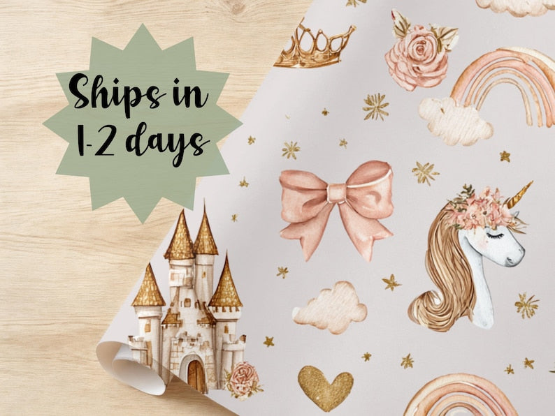 Whimsical Princess Unicorn Wrapping Paper Castle Party Gift Wrap Pink