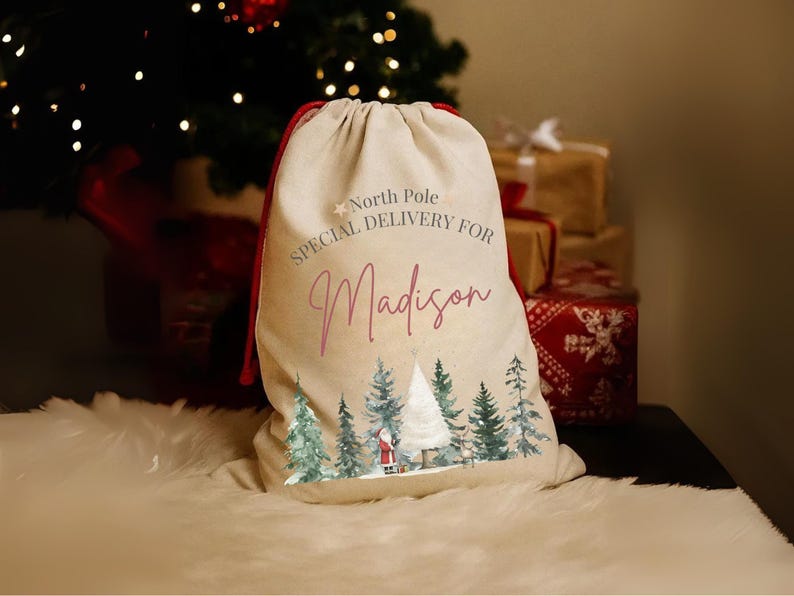 Personalized Santa Sack – Custom Name Red String Christmas Gift Bag