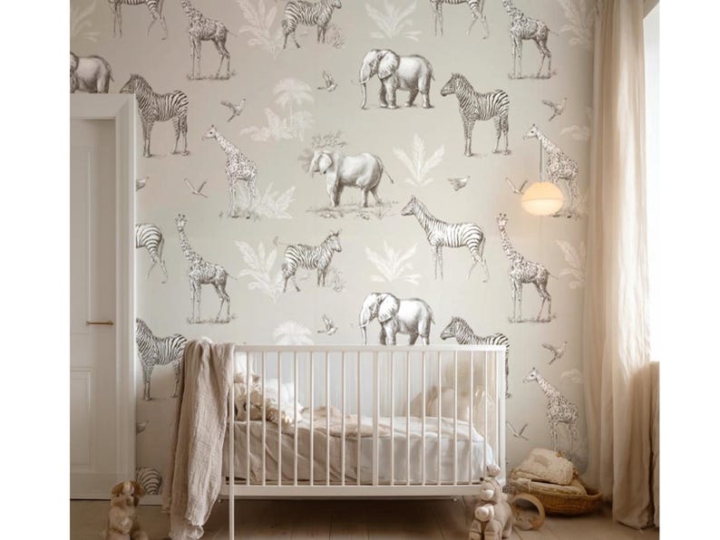 Safari Animal Nursery Wallpaper - Removable Jungle Mural Earth Tone Decor