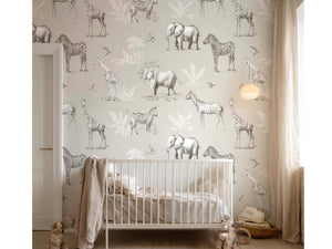 Safari Animal Nursery Wallpaper - Removable Jungle Mural Earth Tone Decor
