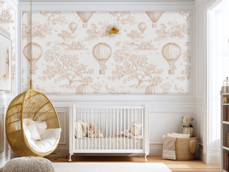 Hot Air Balloon Nursery Wallpaper - Vintage Toile Mural Neutral Baby Room
