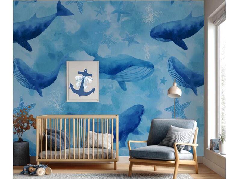 Whimsical Blue Whale Peel and Stick Wallpaper – Ocean Nursery Wall Décor