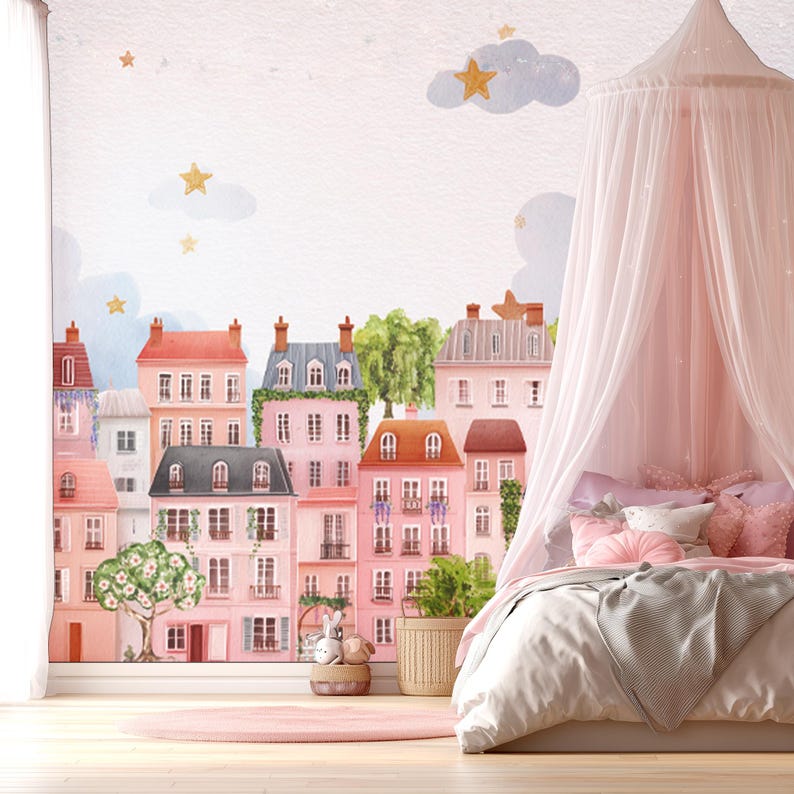 Whimsical Paris House Peel - Stick Wallpaper Pink Village Mural