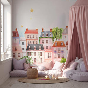 Whimsical Paris House Peel - Stick Wallpaper Pink Village Mural