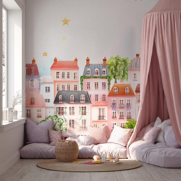 Whimsical Paris House Peel - Stick Wallpaper Pink Village Mural