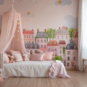 Whimsical Paris House Peel - Stick Wallpaper Pink Village Mural