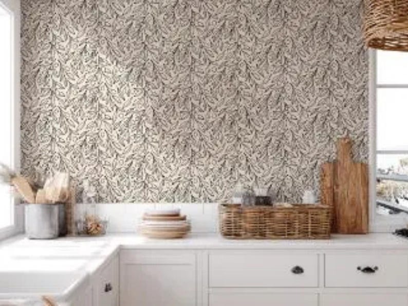 Botanical Leaf Wallpaper Olive - Neutral Peel Stick Mural Kitchen Bath