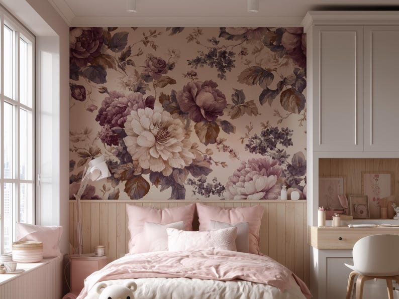 Large Floral Nursery Wallpaper - Peonies Roses Hydrangeas Dusty Mauve