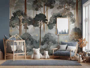 Adhesive Fabric Wallpaper Fairy Tale - Forest Mural Glitter Gold Green