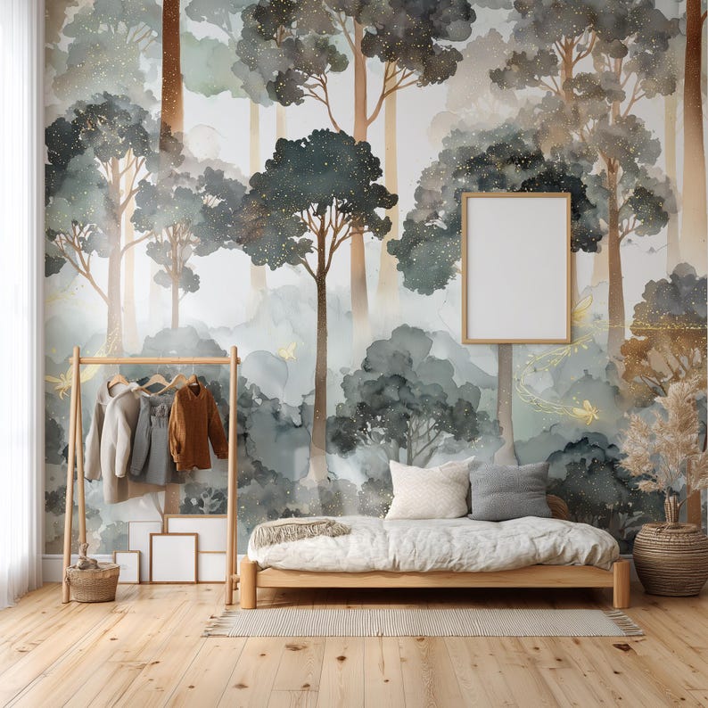 Adhesive Fabric Wallpaper Fairy Tale - Forest Mural Glitter Gold Green