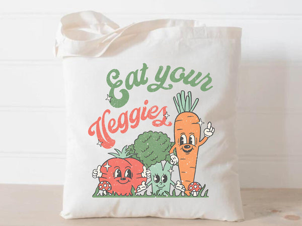 Eat your Veggies Tote Bag Gift Idea Retro Healthy Eating Nature Eco friendly Grocery Bag Farmer Market Library Bag Reusable Vegetarian Vegan